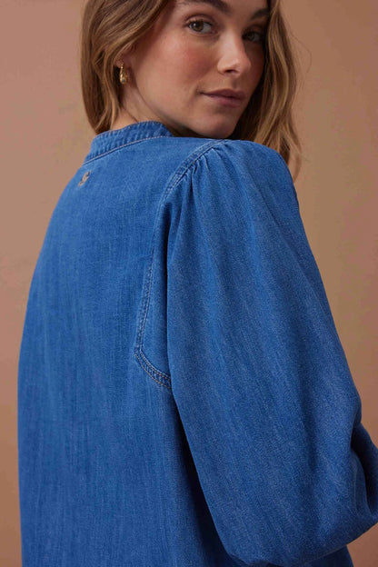 Ceres Life puff Sleeve Denim Shirt in True Indigo
