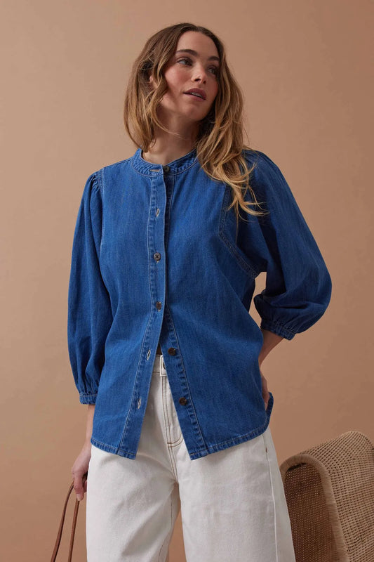Ceres Life puff Sleeve Denim Shirt in True Indigo