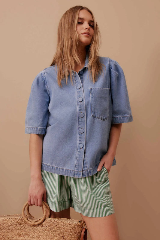 Ceres Life Dylan Pleat Sleeve Denim Shirt in Vintage Blue