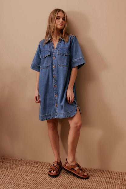 Ceres Life Sammy Relaxed Shirt Dress in Fresh Indigo