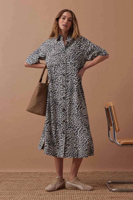 Ceres Life Ava Short Sleeved Midi Dress in Leopard Linen Blend