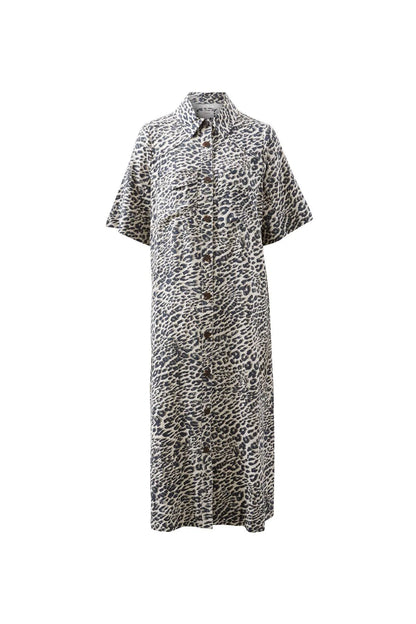 Ceres Life Ava Short Sleeved Midi Dress in Leopard Linen Blend