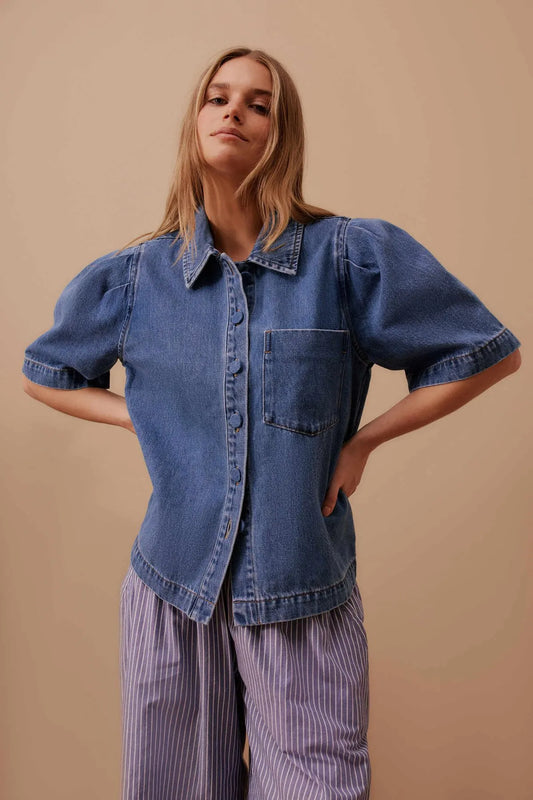 Ceres Life Dylan Pleat Short Sleeve Shirt in Fresh Indigo