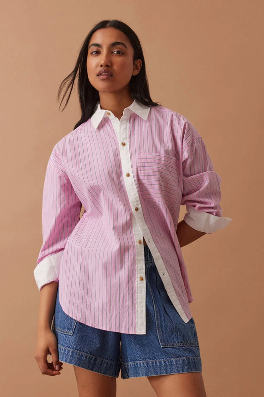 Ceres Life Peta Oversized Shirt in Hibiscus Triple Stripe White Collar