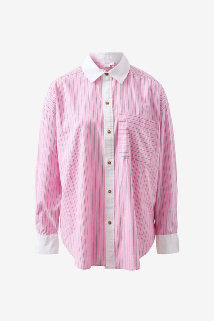 Ceres Life Peta Oversized Shirt in Hibiscus Triple Stripe White Collar