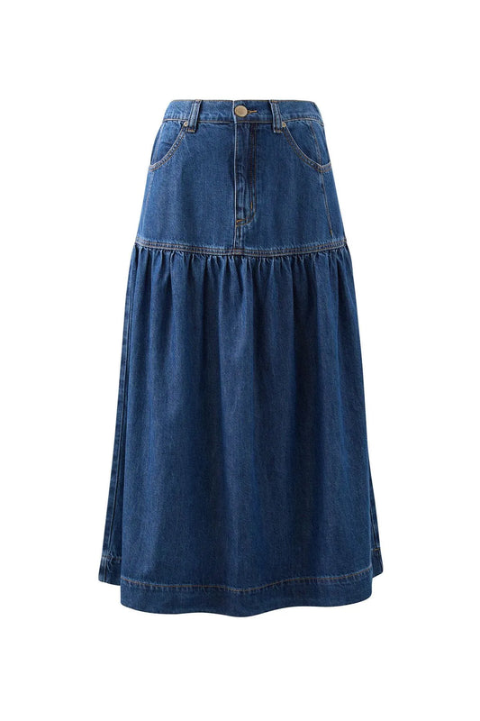 Ceres Life Drop Waist Denim Midi Skirt in Caspian Blue