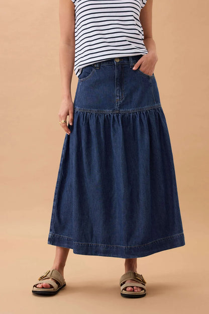 Ceres Life Drop Waist Denim Midi Skirt in Caspian Blue