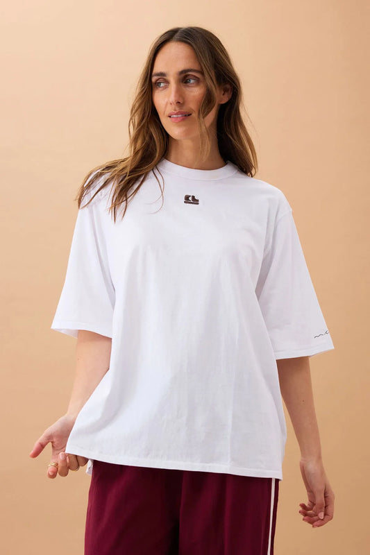 Ceres Life Liv Oversized Tee in White with CL chocolate embroidery