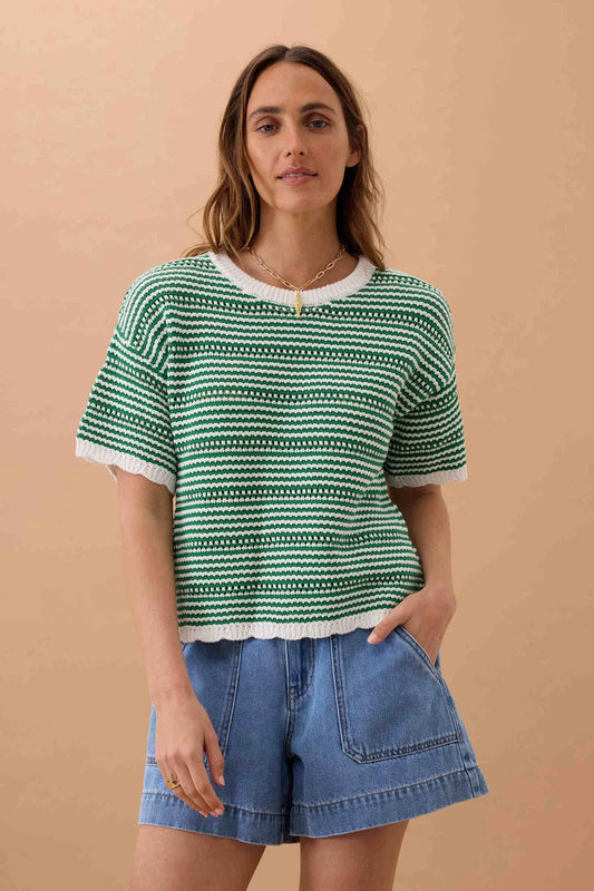 Ceres Life Nina Boxy Knit Tee in Kelly Green Stripe