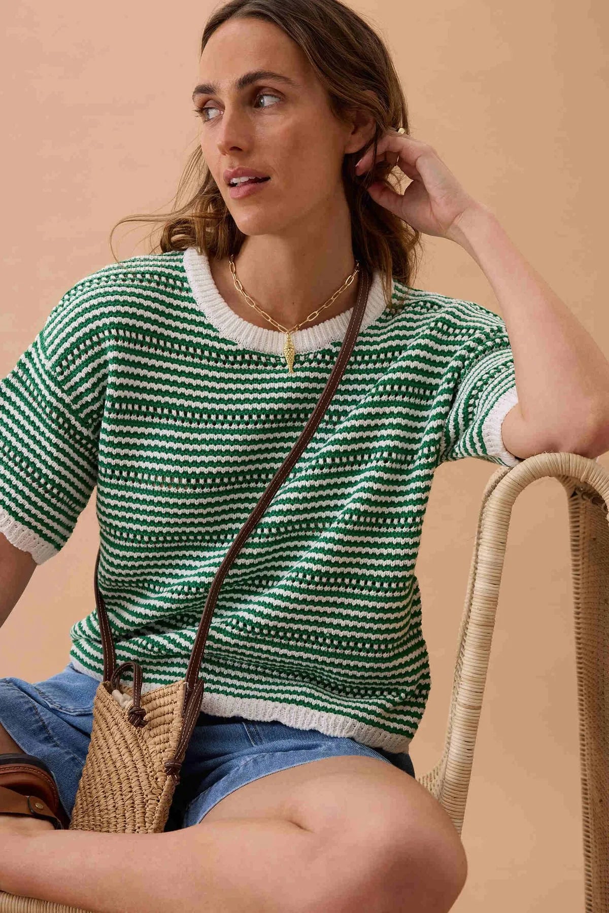 Ceres Life Nina Boxy Knit Tee in Kelly Green Stripe