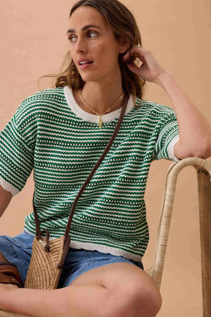 Ceres Life Nina Boxy Knit Tee in Kelly Green Stripe