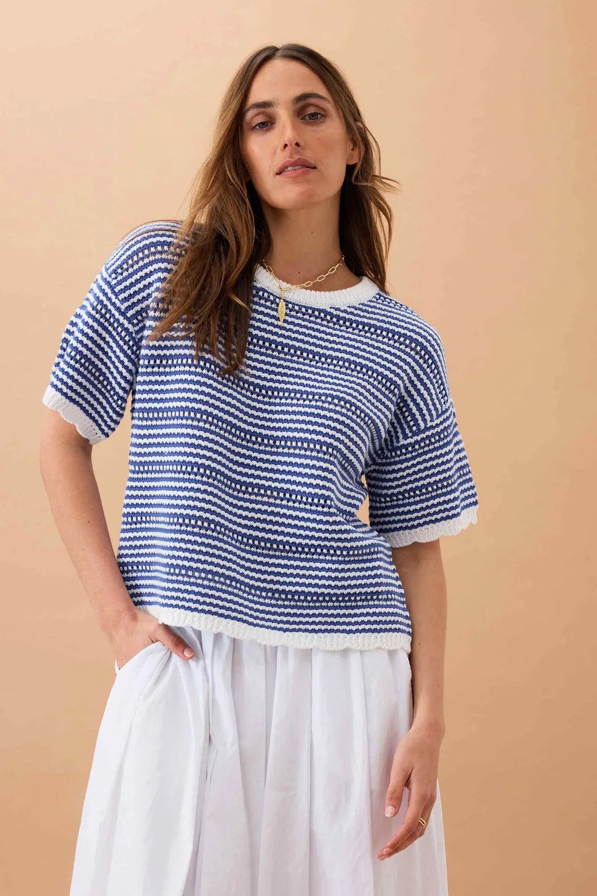 Ceres Life Nina Boxy Knit Tee in Summer Blue Stripe