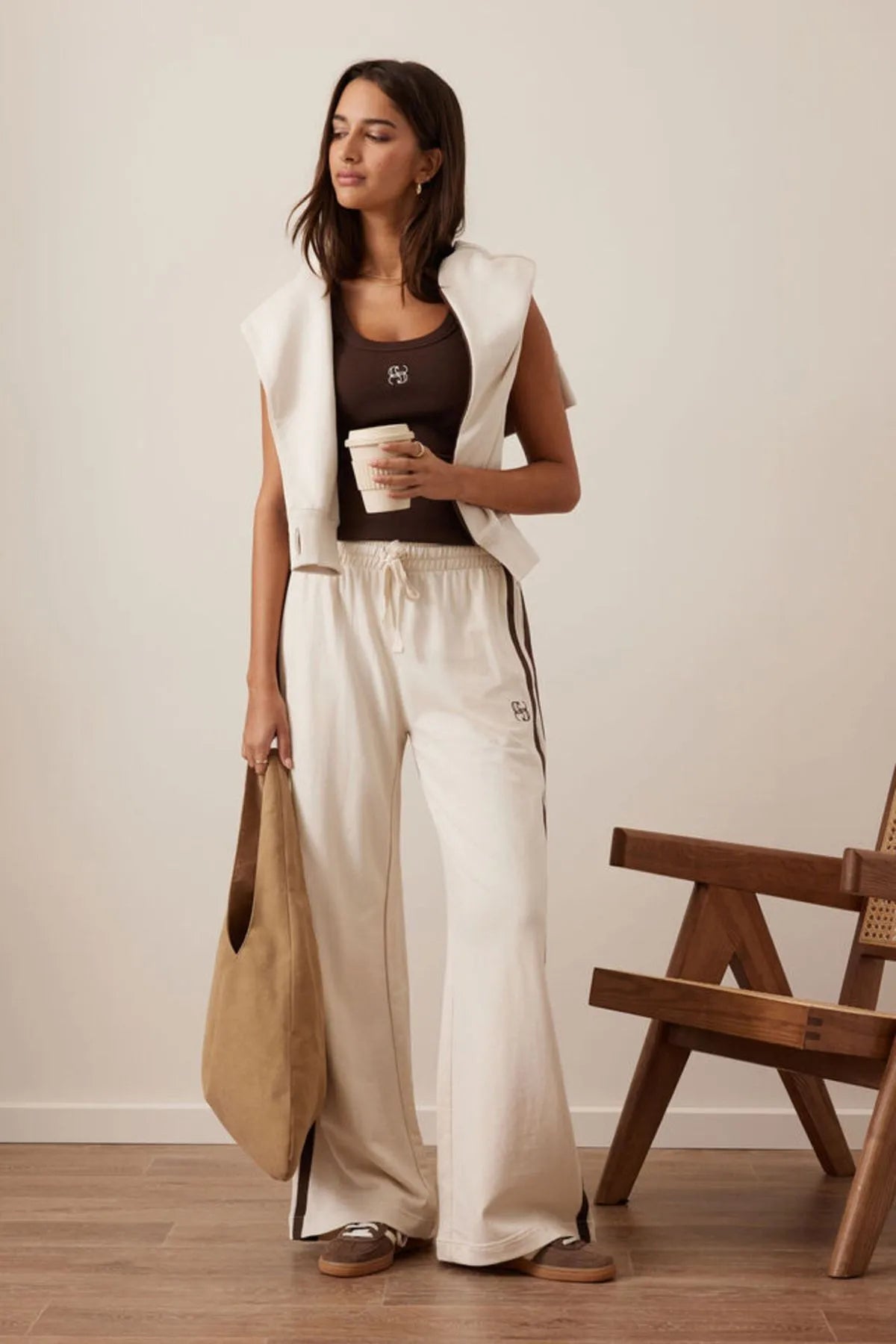 GIGI WIDE LEG TERRY TRA/BUFF CHOCOLATE SIDE STRIPE