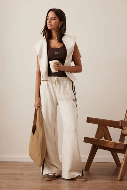GIGI WIDE LEG TERRY TRA/BUFF CHOCOLATE SIDE STRIPE