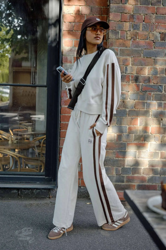 GIGI WIDE LEG TERRY TRA/BUFF CHOCOLATE SIDE STRIPE