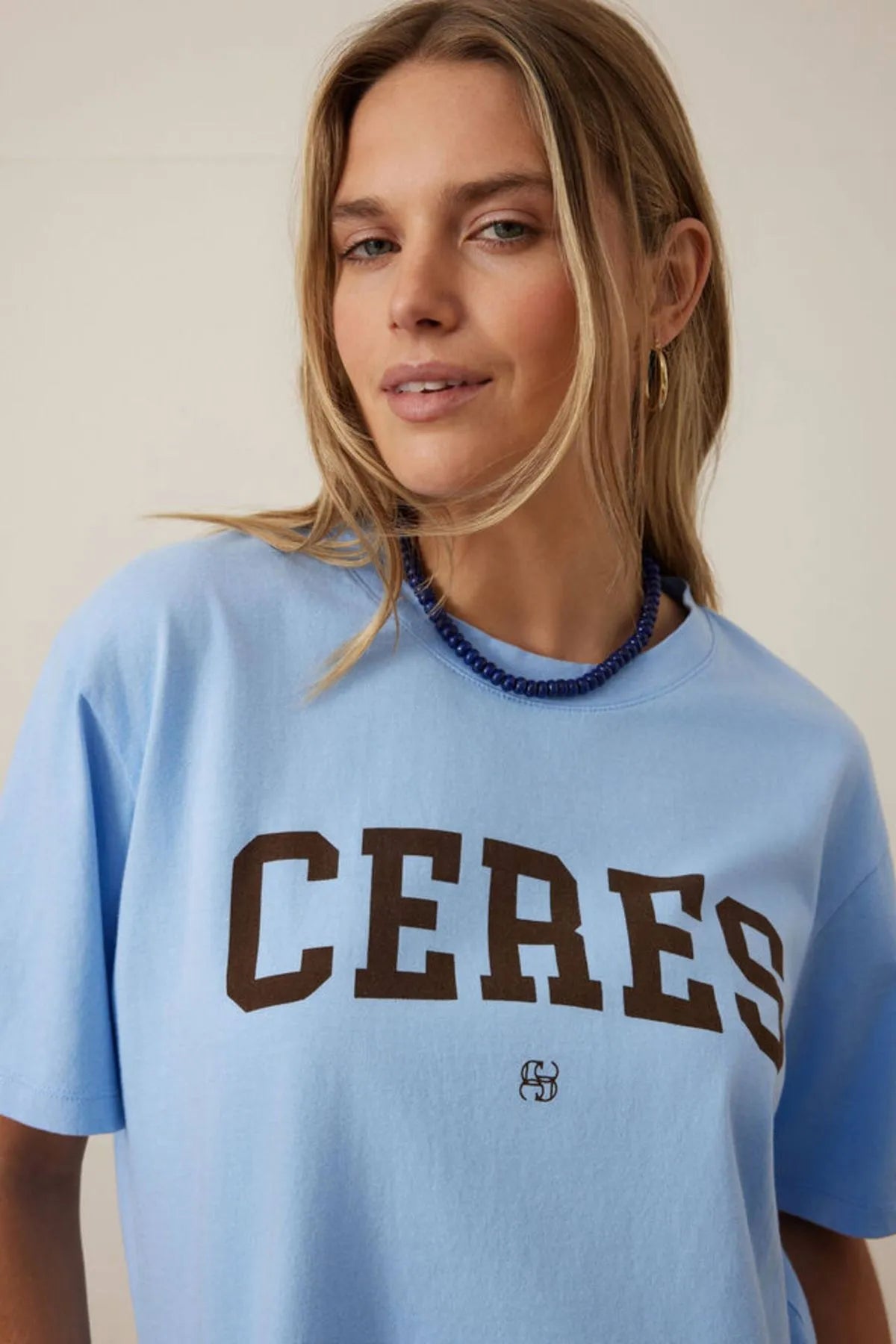 Ceres Life Stevie Slouchy Tee in Powder Blue / Chocolate Varsity