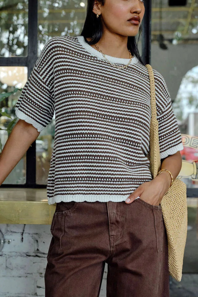 Ceres Life Nina Boxy Knit Tee in Chocolate Stripe