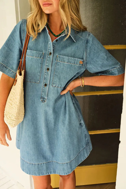 Ceres Life Milly Short Sleeve Mini Dress in Vintage Blue