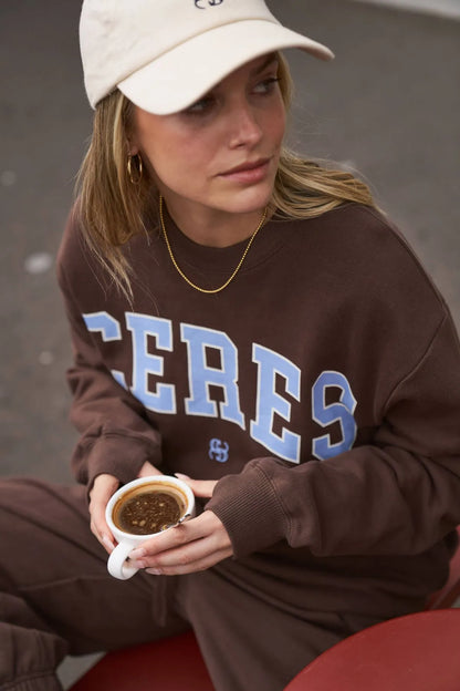 Isla Slouchy Crew in Brunette Brown Buff Sky Blue Heritage Logo by Ceres Life