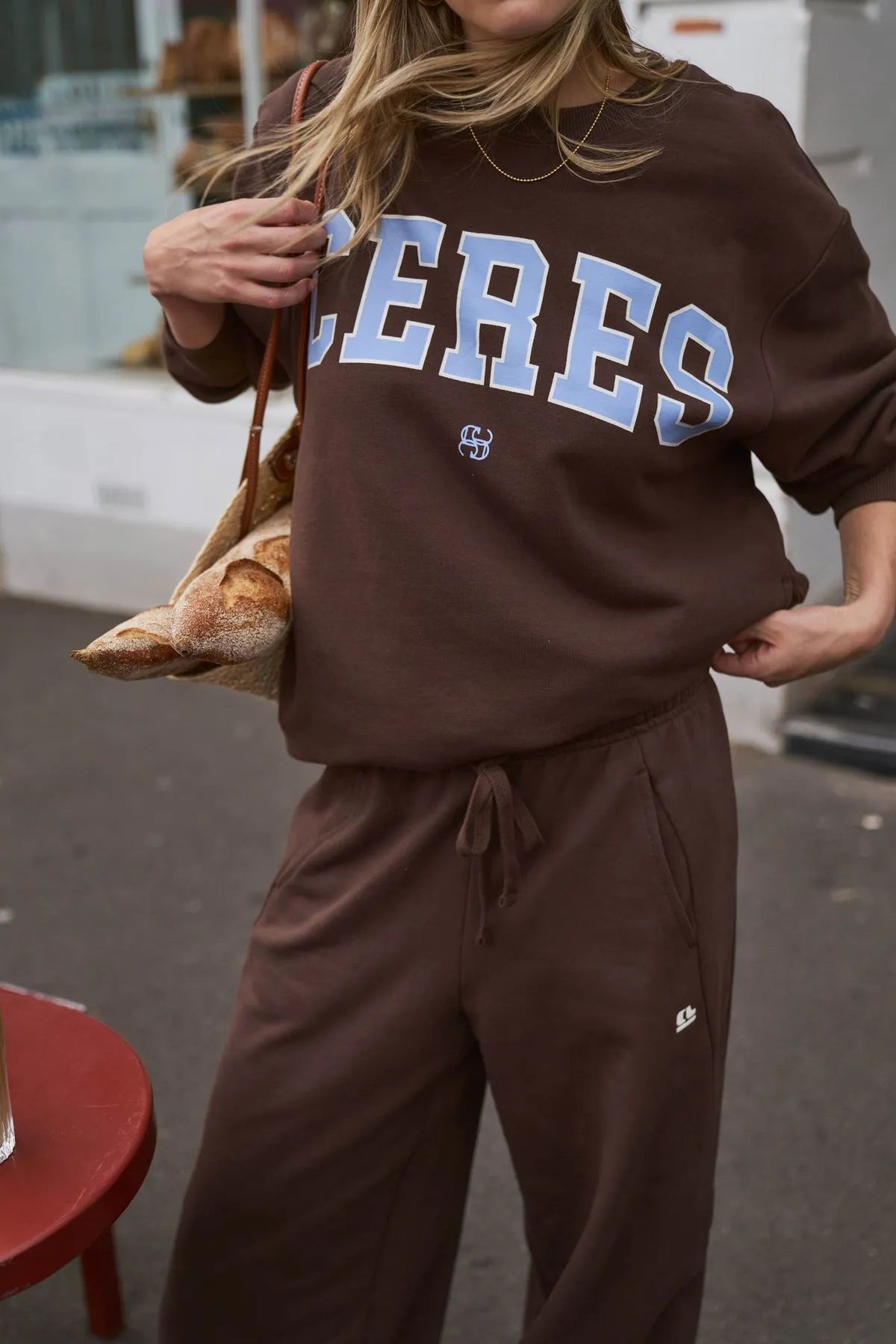 Isla Slouchy Crew in Brunette Brown Buff Sky Blue Heritage Logo by Ceres Life