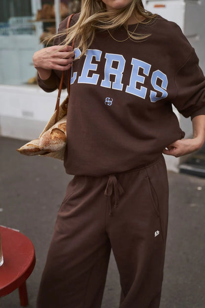 Isla Slouchy Crew in Brunette Brown Buff Sky Blue Heritage Logo by Ceres Life