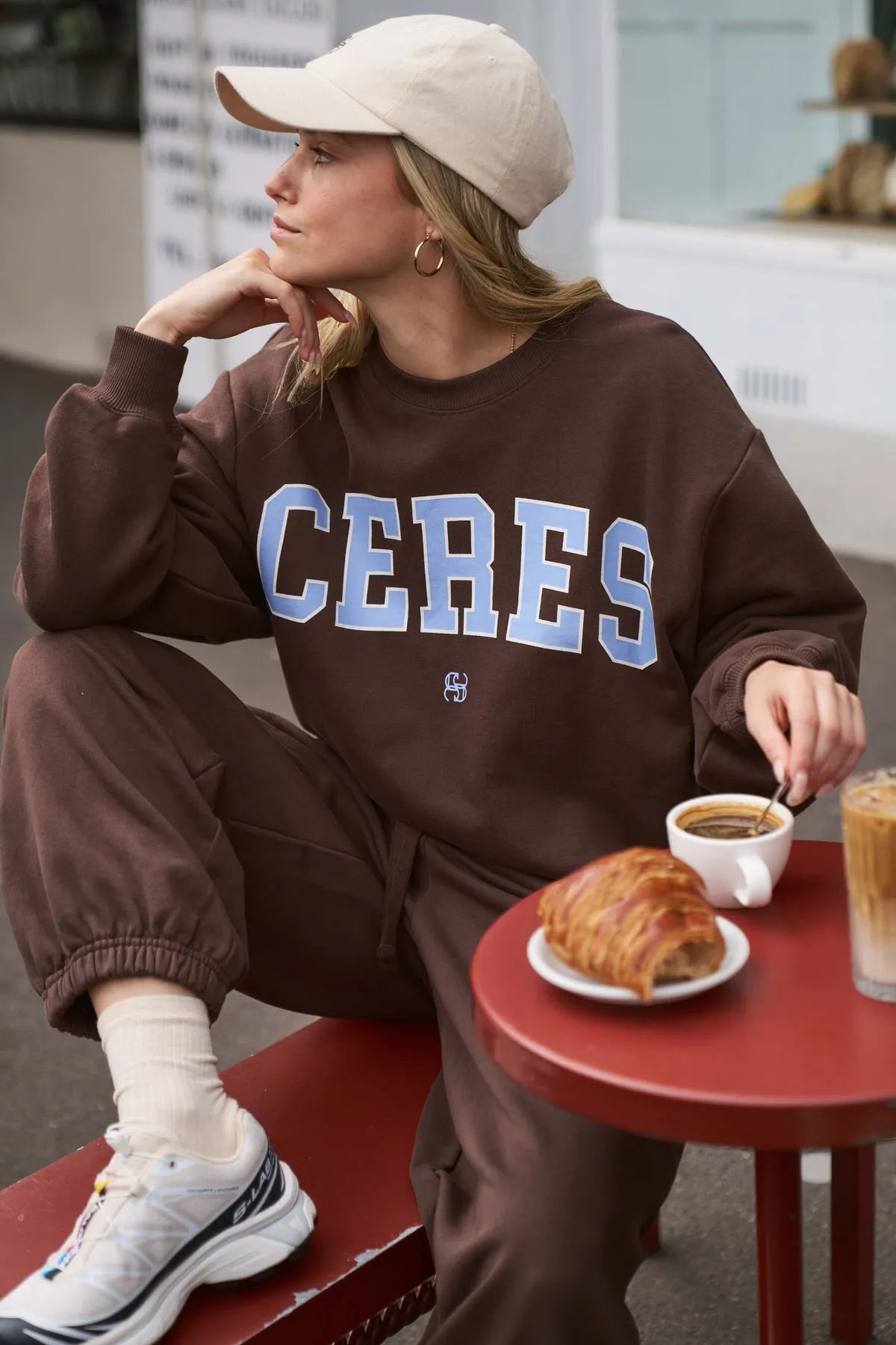 Isla Slouchy Crew in Brunette Brown Buff Sky Blue Heritage Logo by Ceres Life