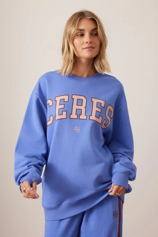Isla Oversized Slouchy Crew in Vintage Blue Pink Clay Burnt Toffee Stripe