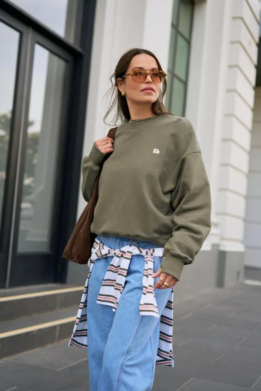 Quinn Slouchy Crew in Washed Olive
