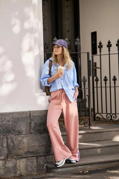GIGI WIDE LEG TERRY TRACK PANT IN PINK CLAY WASHED NAVY SIDE STRIPE