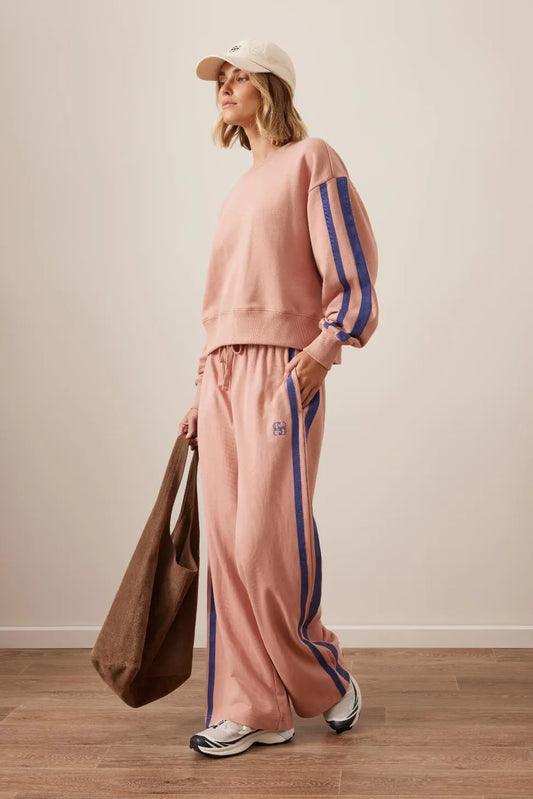 GIGI WIDE LEG TERRY TRACK PANT IN PINK CLAY WASHED NAVY SIDE STRIPE