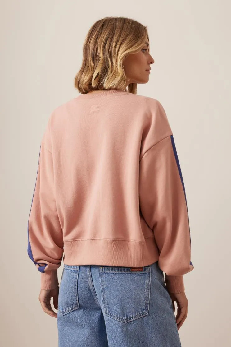 Sasha Sporty Slouchy Crew in Pink Clay Washed Navy Side Stripe