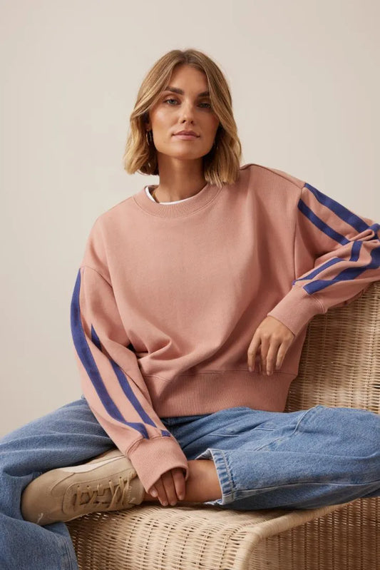Sasha Sp[roty Slouchy Crew in Pink Clay Washed Navy Side Stripe