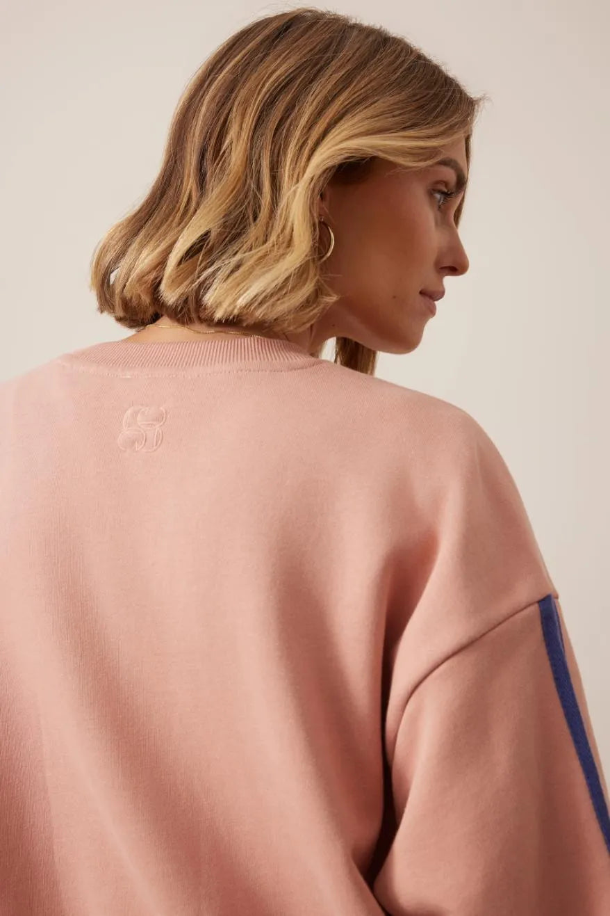 Sasha Sporty Slouchy Crew in Pink Clay Washed Navy Side Stripe