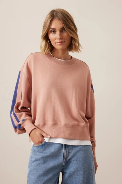 Sasha Sporty Slouchy Crew in Pink Clay Washed Navy Side Stripe