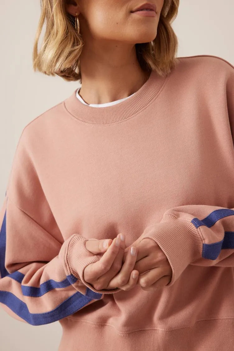 Sasha Sporty Slouchy Crew in Pink Clay Washed Navy Side Stripe