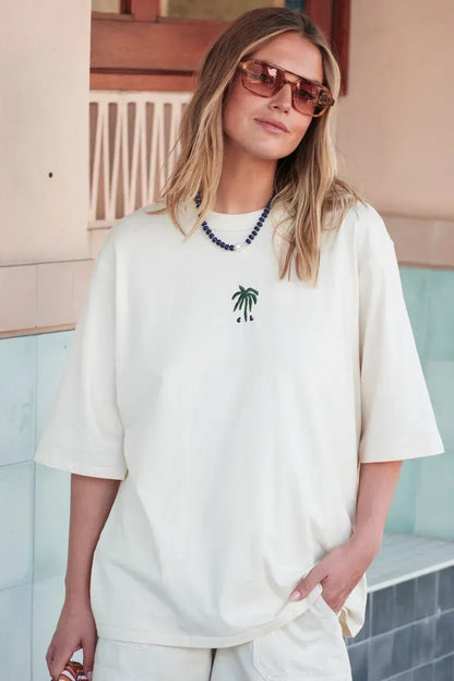 Luna Tee in Buff with Navy Palms