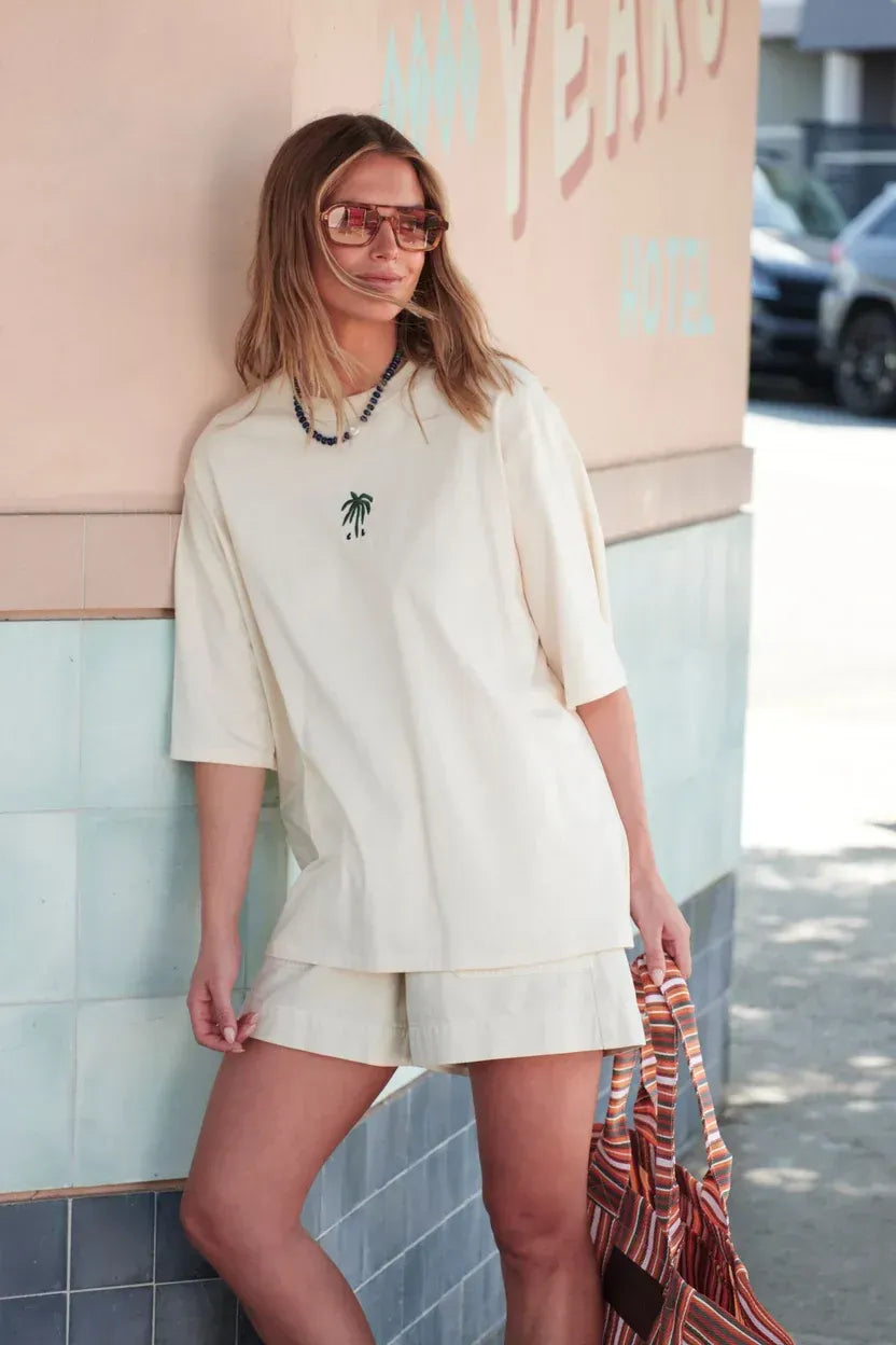 Luna Tee in Buff with Navy Palms