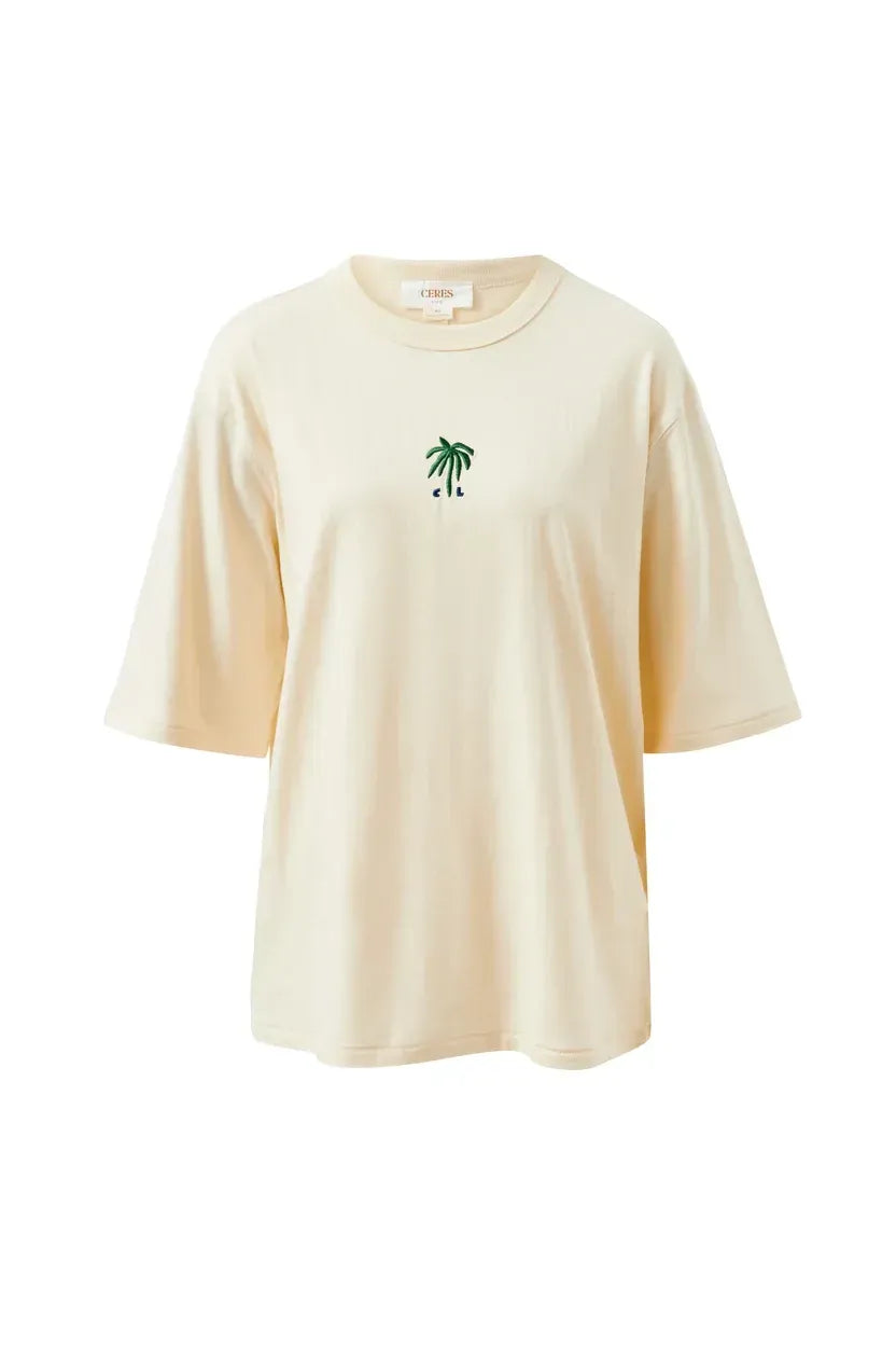 Luna Tee in Buff with Navy Palms