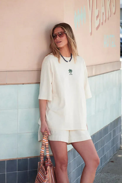 Luna Tee in Buff with Navy Palms