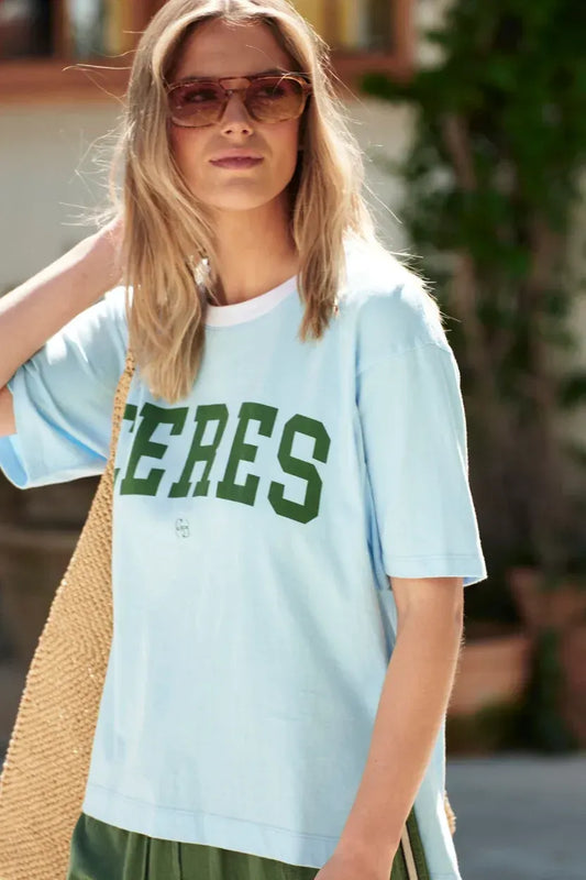 Stevie Tee in Fresh Blue / Basil Varsity
