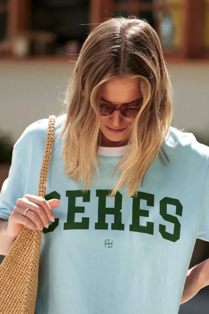 Stevie Tee in Fresh Blue / Basil Varsity