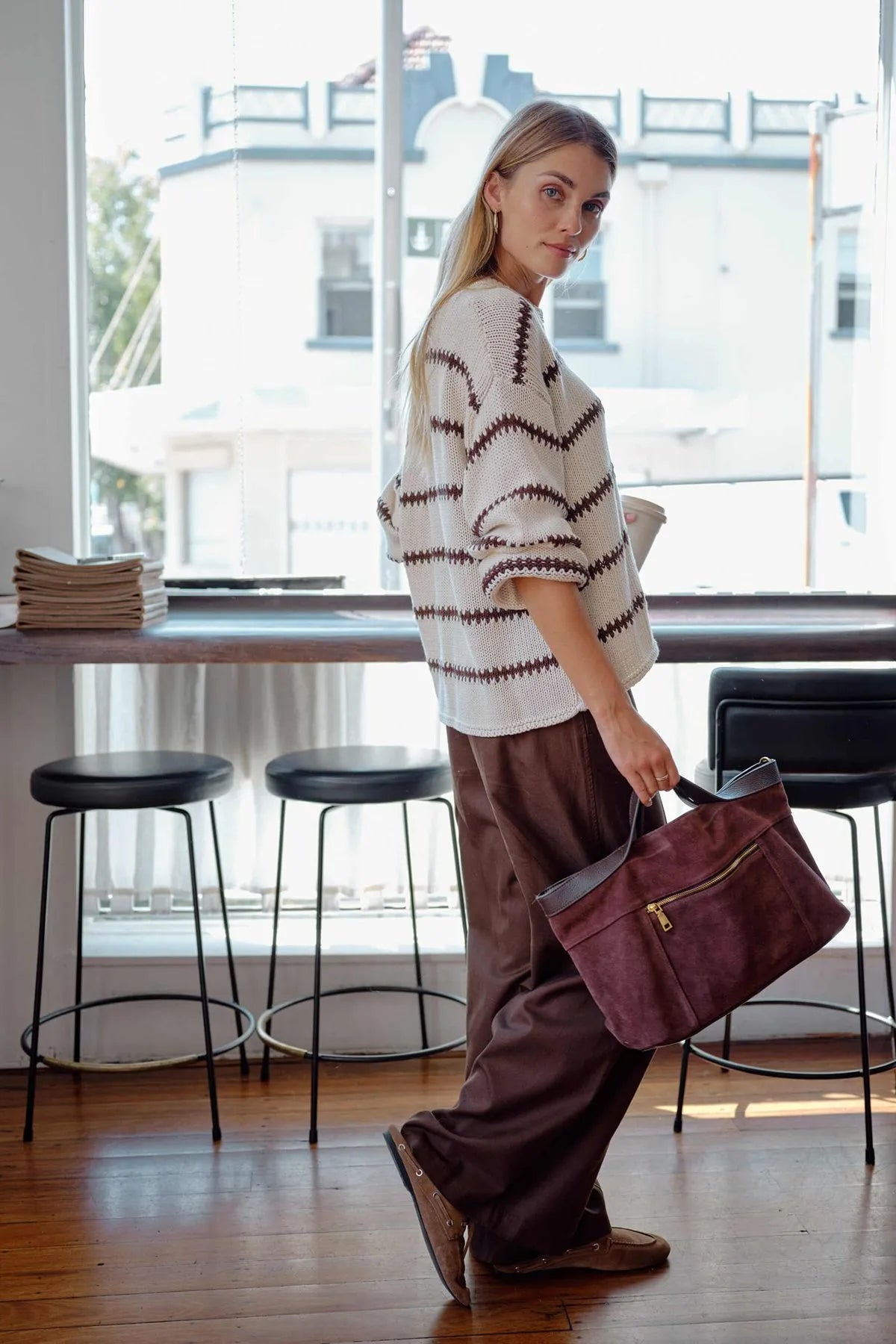 Lila Oversized Knit Crew in Ecru Stripe
