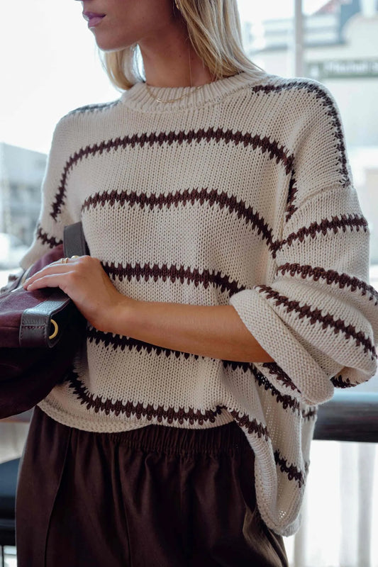 Lila Oversized Knit Crew in Ecru Stripe