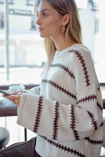 Lila Oversized Knit Crew in Ecru Stripe