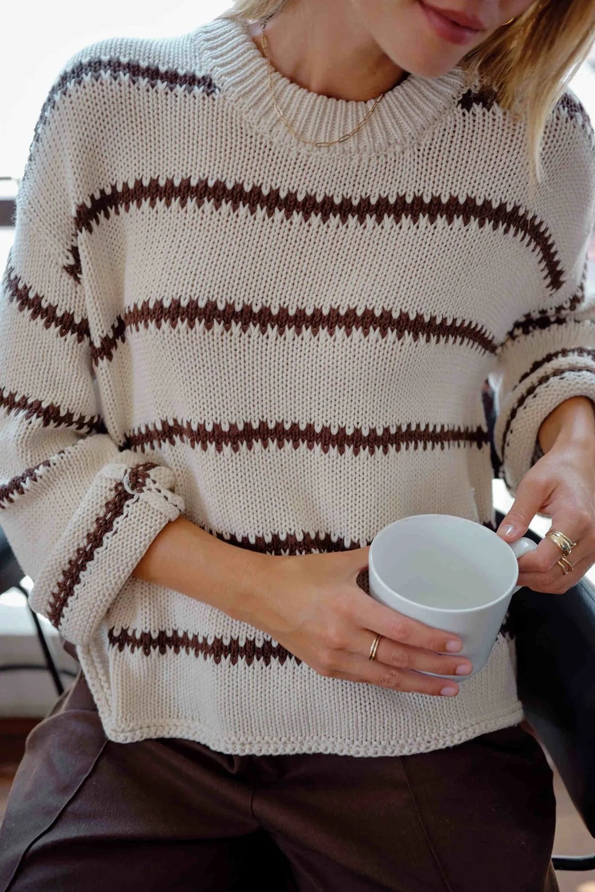 Lila Oversized Knit Crew in Ecru Stripe