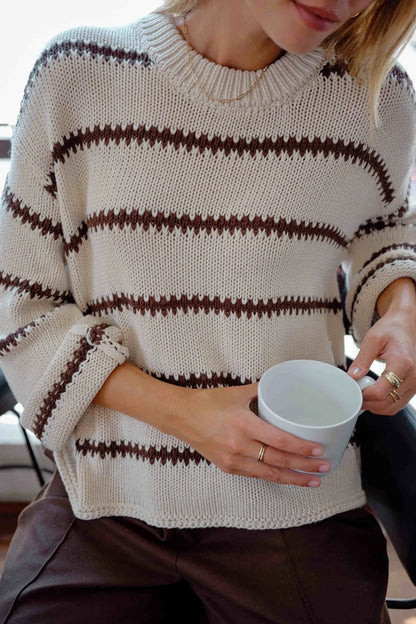 Lila Oversized Knit Crew in Ecru Stripe