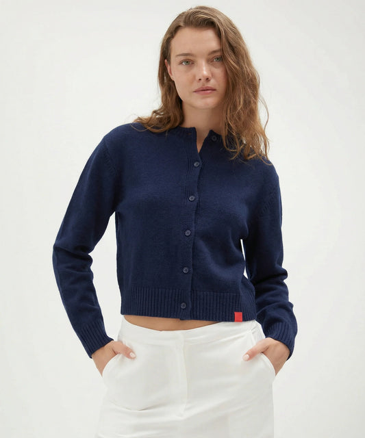 Vacation Club Crew Neck Cardigan in Navy Blue