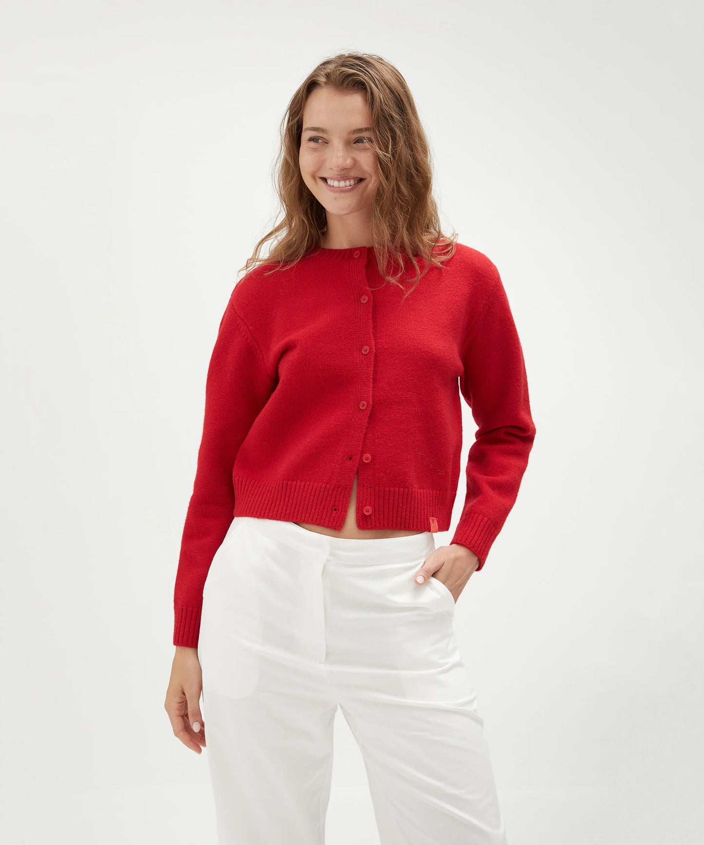 Vacation Club Crew Neck Cardigan in Red