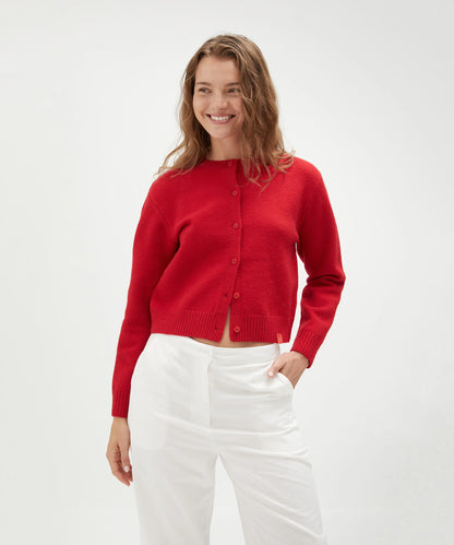 Vacation Club Crew Neck Cardigan in Red