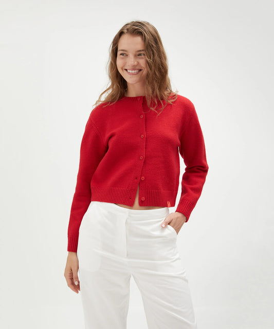 Vacation Club Crew Neck Cardigan in Red
